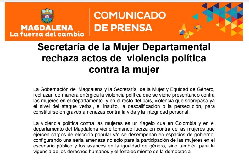 Secretaría de la Mujer Departamental rechaza actos de violencia política  contra la mujer